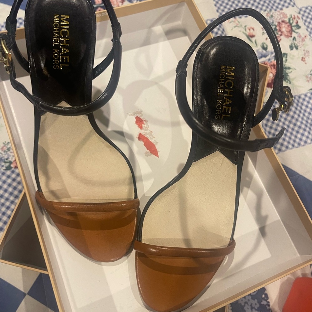 Michael Kors Black and Brown Leather Two-Tone Ankle Strap Sandals